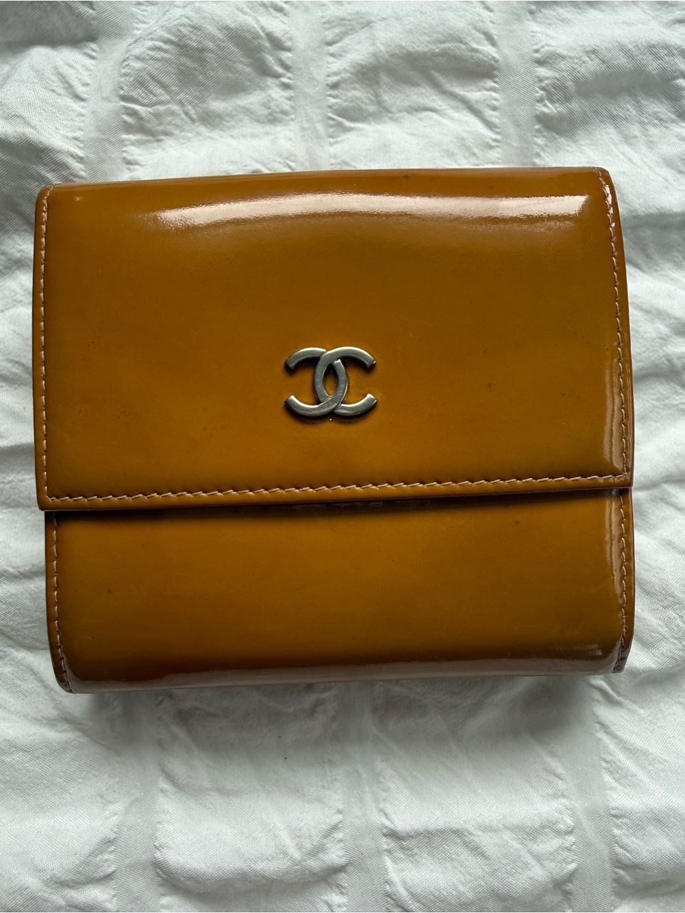 CHANEL Patent Leather Wallet in Mustard Yellow with Silver CC